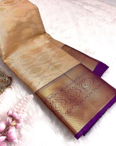 Kanchi Tissue Semi Silk Saree | Beige Gold | Purple - view 2