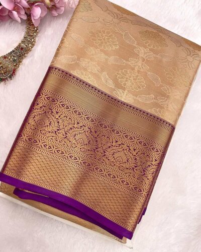 Kanchi Tissue Semi Silk Saree | Beige Gold | Purple - view 3