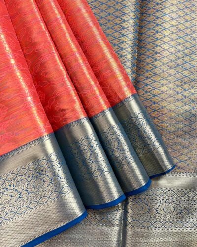 Kanchi Tissue Semi Silk Saree | Coral Orange | Peacock Blue