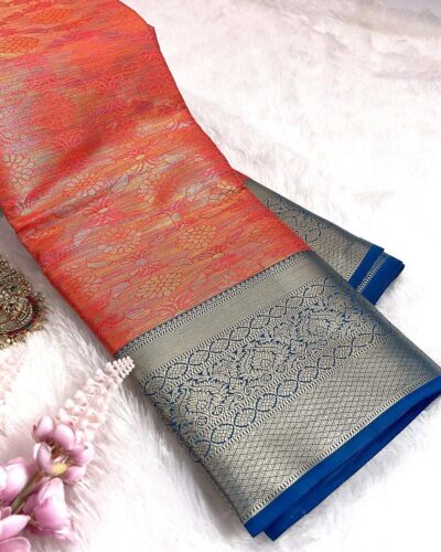 Kanchi Tissue Semi Silk Saree | Coral Orange | Peacock Blue - view 2