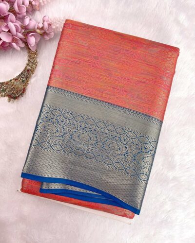 Kanchi Tissue Semi Silk Saree | Coral Orange | Peacock Blue - view 3