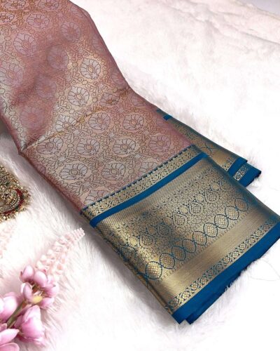 Kanchi Tissue Semi Silk Saree | Dusty Rose | Peacock Blue