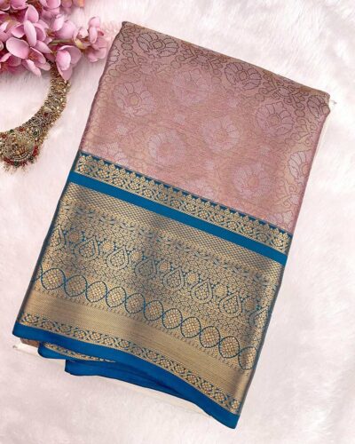 Kanchi Tissue Semi Silk Saree | Dusty Rose | Peacock Blue - view 2