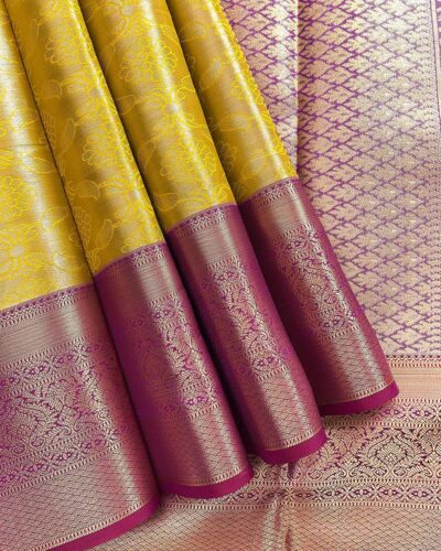 Kanchi Tissue Semi Silk Saree | Golden Yellow | Magenta