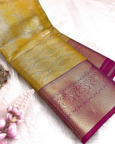 Kanchi Tissue Semi Silk Saree | Golden Yellow | Magenta - view 2