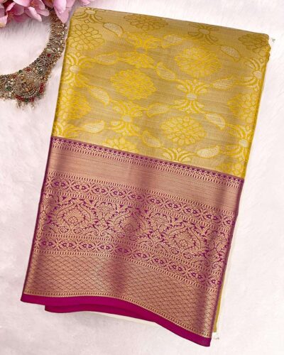 Kanchi Tissue Semi Silk Saree | Golden Yellow | Magenta - view 3