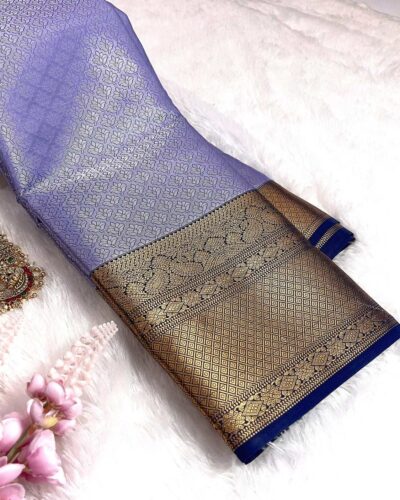 Kanchi Tissue Semi Silk Saree | Lavender | Navy Blue - view 2