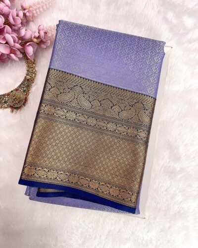 Kanchi Tissue Semi Silk Saree | Lavender | Navy Blue - view 3