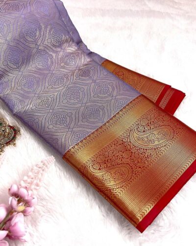 Kanchi Tissue Semi Silk Saree | Lavender | Red - view 2