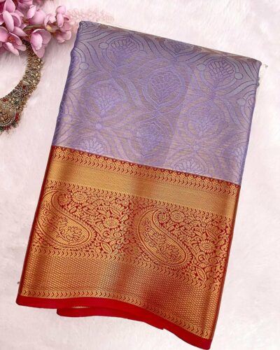 Kanchi Tissue Semi Silk Saree | Lavender | Red - view 3