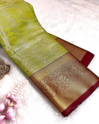 Kanchi Tissue Semi Silk Saree | Lime Green | Maroon - view 2