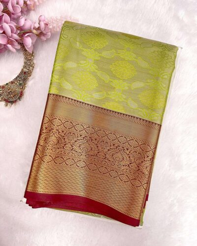 Kanchi Tissue Semi Silk Saree | Lime Green | Maroon - view 3