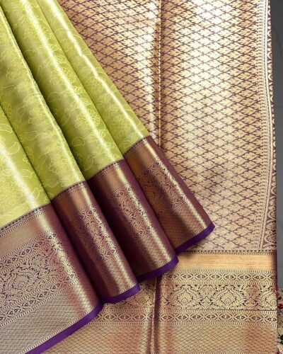 Kanchi Tissue Semi Silk Saree | Lime Green | Purple