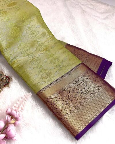 Kanchi Tissue Semi Silk Saree | Lime Green | Purple - view 2