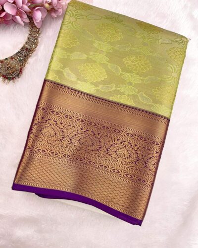 Kanchi Tissue Semi Silk Saree | Lime Green | Purple - view 3