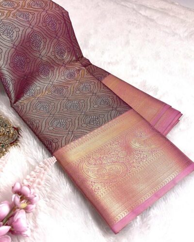 Kanchi Tissue Semi Silk Saree | Mauve Wine | Lilac Pink - view 2