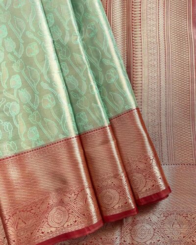 Kanchi Tissue Semi Silk Saree | Mint Green | Red