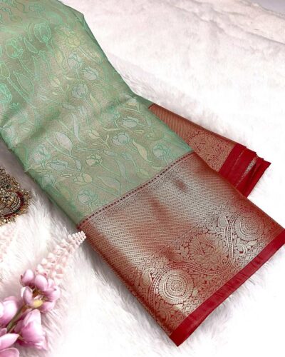 Kanchi Tissue Semi Silk Saree | Mint Green | Red - view 2