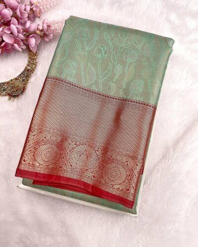 Kanchi Tissue Semi Silk Saree | Mint Green | Red - view 3
