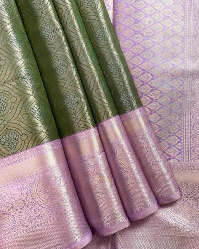 Kanchi Tissue Semi Silk Saree | Olive Green | Lavender
