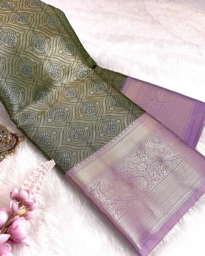 Kanchi Tissue Semi Silk Saree | Olive Green | Lavender - view 2