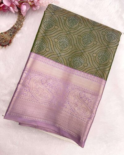 Kanchi Tissue Semi Silk Saree | Olive Green | Lavender - view 3