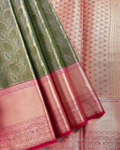 Kanchi Tissue Semi Silk Saree | Olive Green | Rani Pink