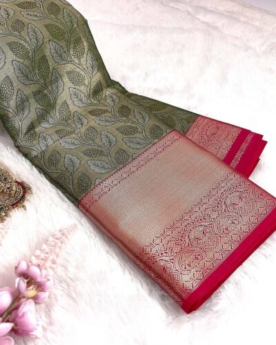 Kanchi Tissue Semi Silk Saree | Olive Green | Rani Pink - view 2