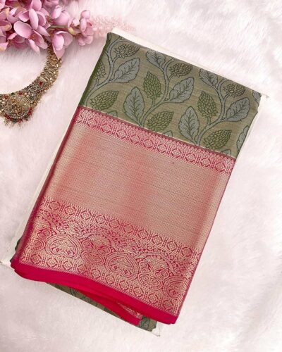 Kanchi Tissue Semi Silk Saree | Olive Green | Rani Pink - view 3