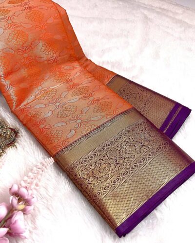 Kanchi Tissue Semi Silk Saree | Orange | Purple - view 2
