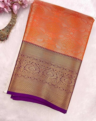 Kanchi Tissue Semi Silk Saree | Orange | Purple - view 3