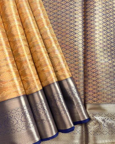 Kanchi Tissue Semi Silk Saree | Peach Gold | Navy Blue