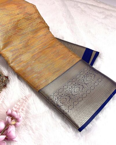 Kanchi Tissue Semi Silk Saree | Peach Gold | Navy Blue - view 2