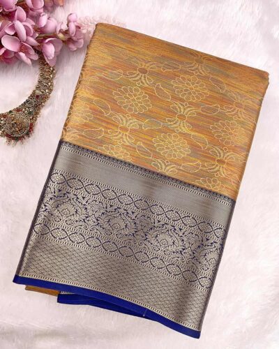 Kanchi Tissue Semi Silk Saree | Peach Gold | Navy Blue - view 3