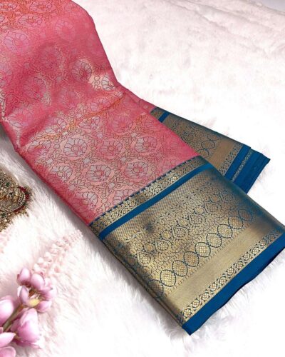 Kanchi Tissue Semi Silk Saree | Pink | Peacock Blue - view 2