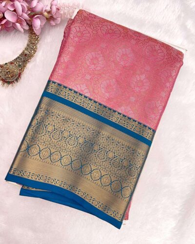 Kanchi Tissue Semi Silk Saree | Pink | Peacock Blue - view 3