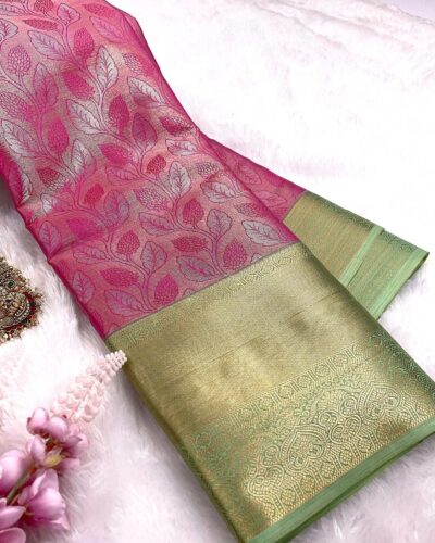 Kanchi Tissue Semi Silk Saree | Rani Pink | Sage Green - view 2