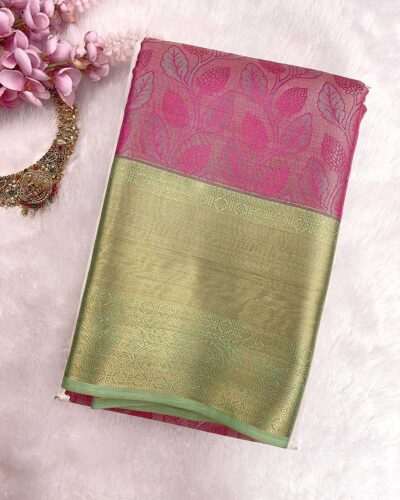 Kanchi Tissue Semi Silk Saree | Rani Pink | Sage Green - view 3