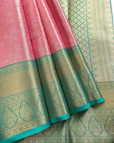 Kanchi Tissue Semi Silk Saree | Rose Pink | Teal Green