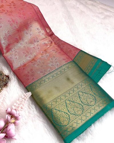 Kanchi Tissue Semi Silk Saree | Rose Pink | Teal Green - view 2