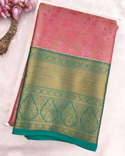Kanchi Tissue Semi Silk Saree | Rose Pink | Teal Green - view 3
