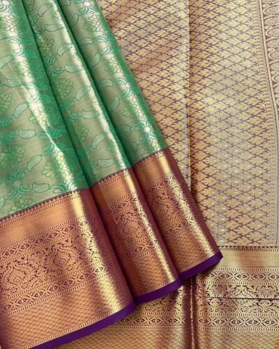 Kanchi Tissue Semi Silk Saree | Sage Green | Purple