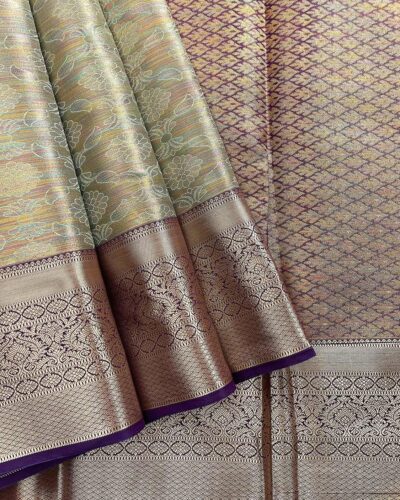 Kanchi Tissue Semi Silk Saree | Sage Green | Purple