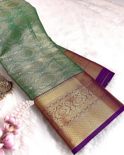 Kanchi Tissue Semi Silk Saree | Sage Green | Purple - view 2