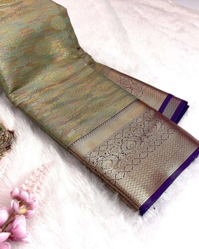 Kanchi Tissue Semi Silk Saree | Sage Green | Purple - view 2