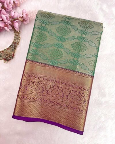 Kanchi Tissue Semi Silk Saree | Sage Green | Purple - view 3