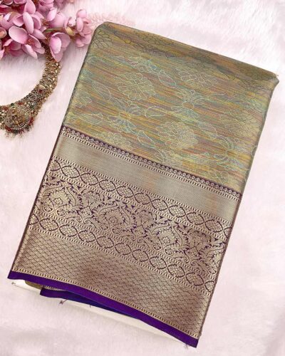 Kanchi Tissue Semi Silk Saree | Sage Green | Purple - view 3