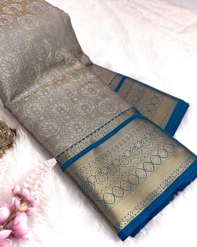 Kanchi Tissue Semi Silk Saree | Silver Grey | Peacock Blue - view 2