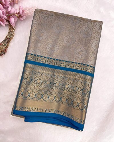Kanchi Tissue Semi Silk Saree | Silver Grey | Peacock Blue - view 3