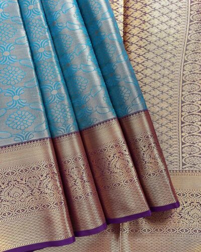 Kanchi Tissue Semi Silk Saree | Sky Blue | Purple